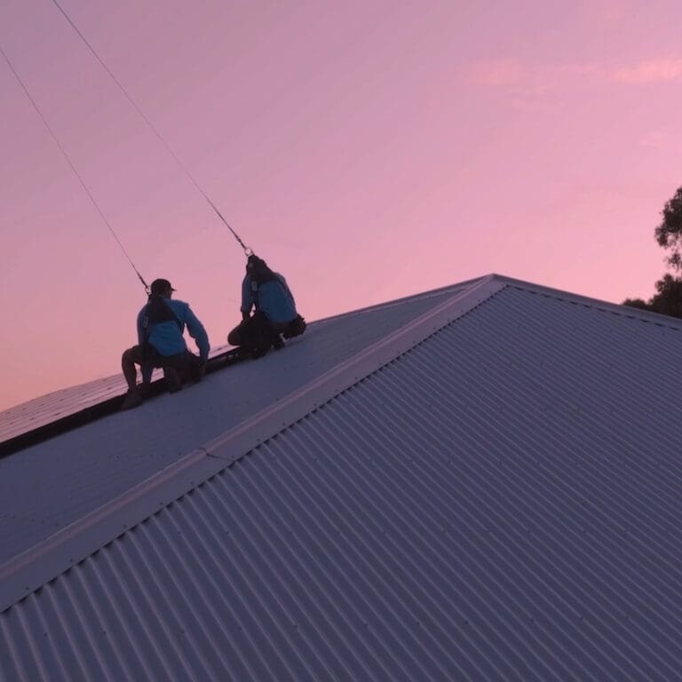 Two men on the roof of a house at sunset.