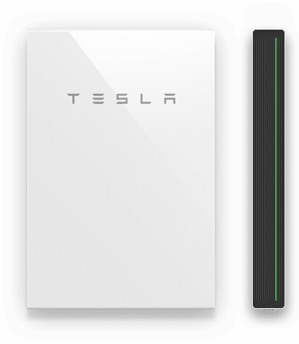 A white tesla power bank with a green battery next to it.
