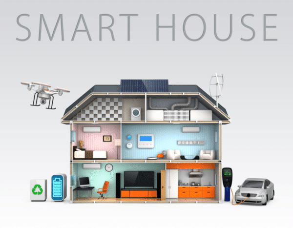 Cross-sectional illustration of a smart house with labeled rooms and technologies including solar panels, a drone, electric car, and various home automation systems.