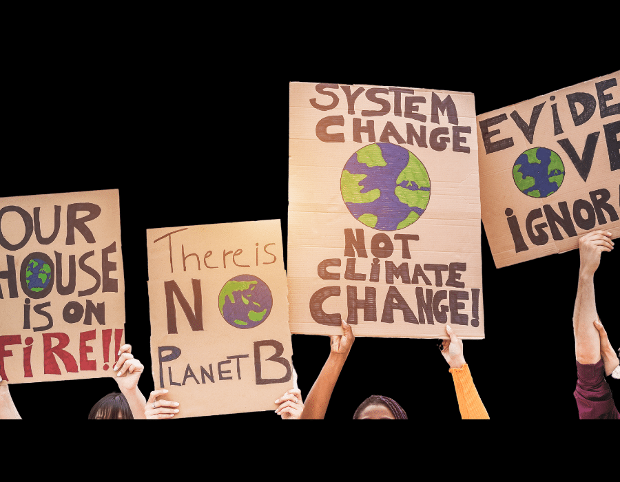 Protesters holding up signs advocating for action on climate change.