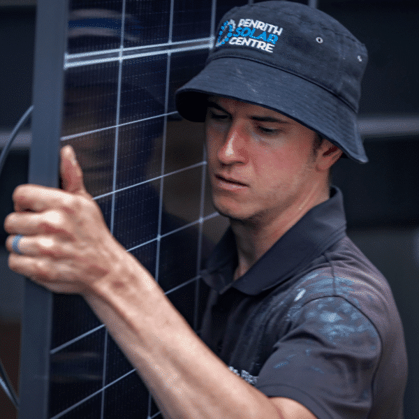 A man in a black hat is working on a solar panel.