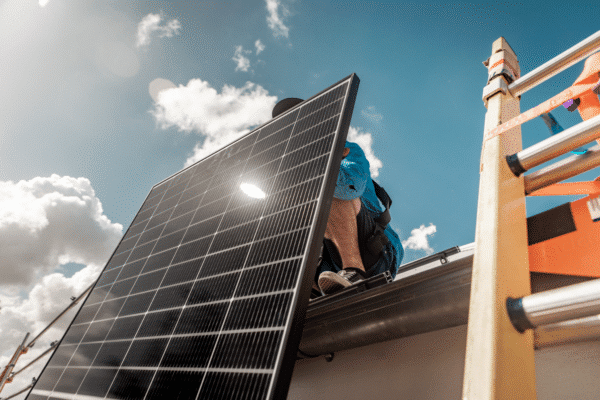 Man lifting solar panel on roof.