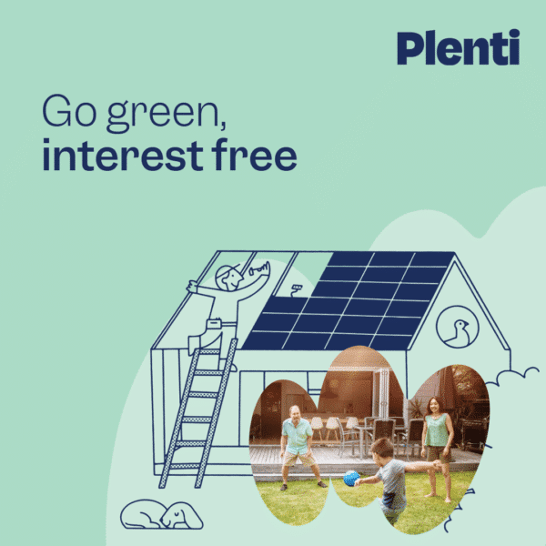 Promotional graphic for plenti featuring a family playing soccer outside their home with solar panels, under the slogan "go green, interest free.