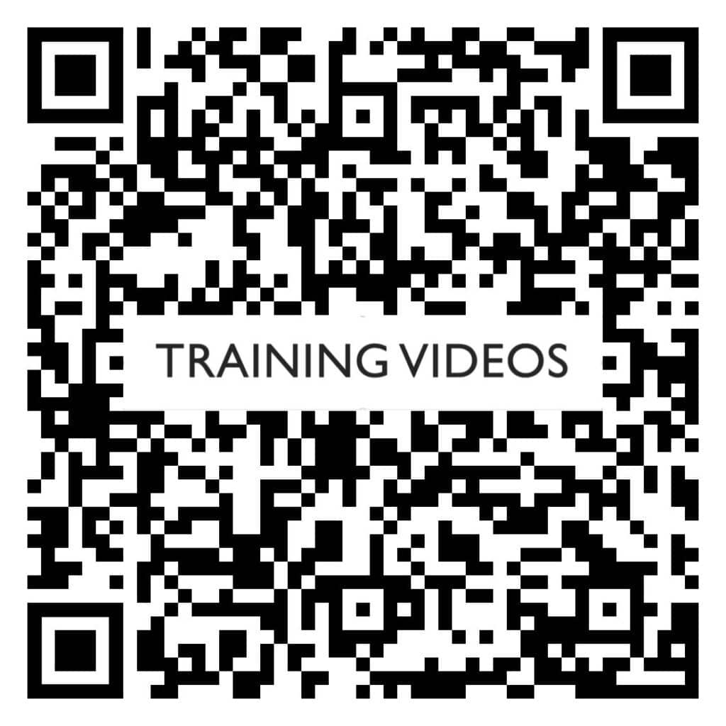 A black and white qr code with the words training videos.