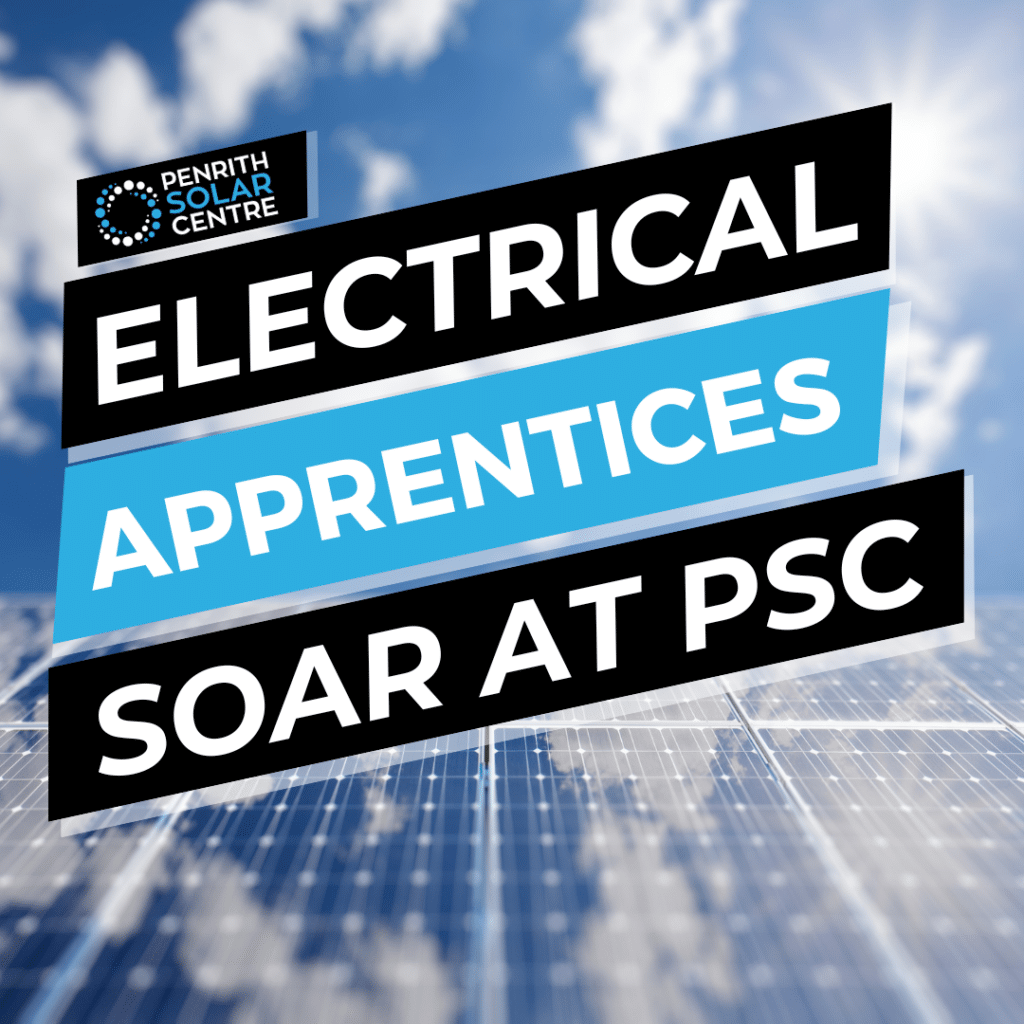 Promotional graphic for electrical apprentices with a slogan, set against a background of solar panels.