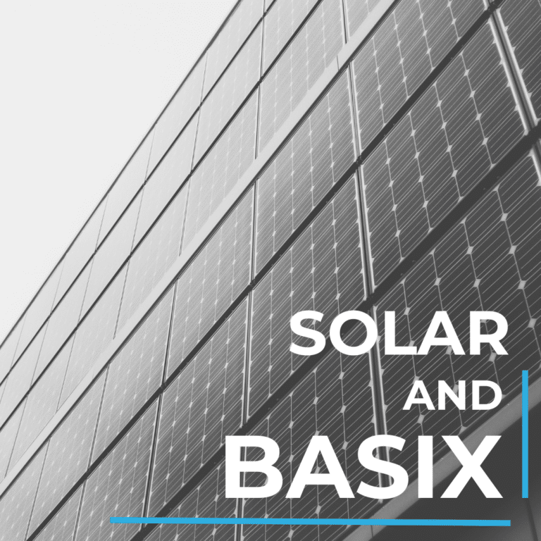 Modern solar panel facade on a building with the words "solar and basix" overlaid in white and turquoise font.