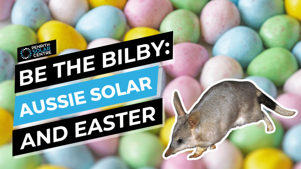 Easter-themed promotional graphic with colorful eggs background featuring a bilby and a message about australian solar energy.