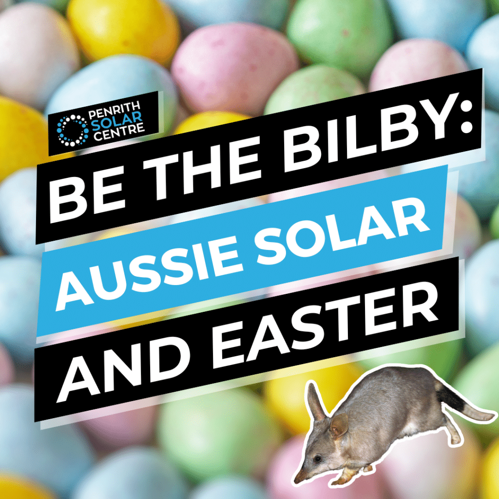 Promotional graphic featuring a bilby and colored eggs for an australian solar-powered easter event at penrith solar centre.
