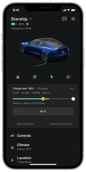 Smartphone app display showing a tesla electric vehicle charging status with options for climate control and location services.