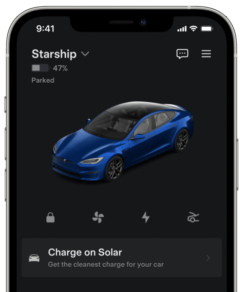 Electric car charging status at 47% displayed on the Tesla smartphone app.