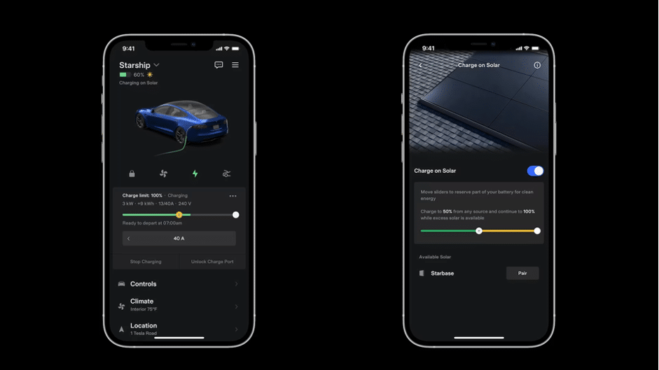 Two smartphones displaying electric vehicle charging status through the Tesla app.