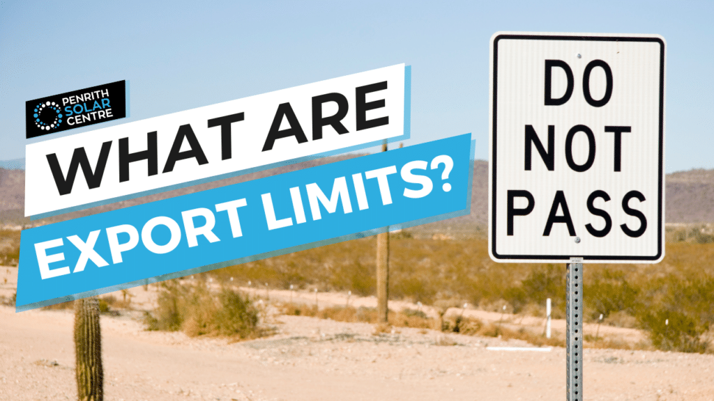 A digitally altered road sign image with added text banners asking "what are export limits?" against a desert landscape.