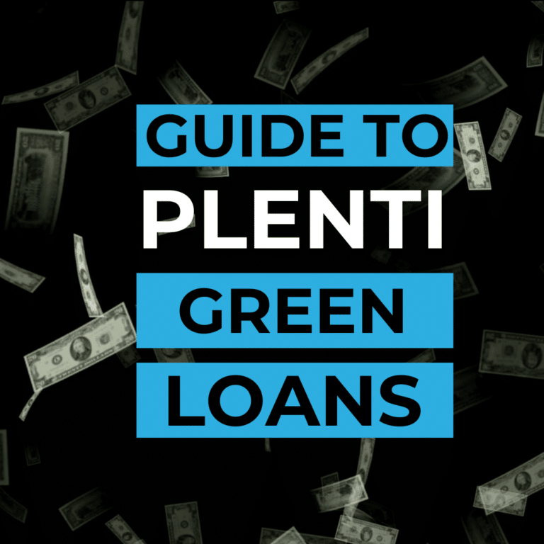 A promotional graphic titled "guide to plenti green loans" surrounded by images of floating dollar bills on a black background.