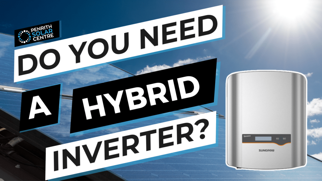 Advertisement for a hybrid inverter with bold text questioning the necessity of the device, alongside an image of the inverter and solar panels.