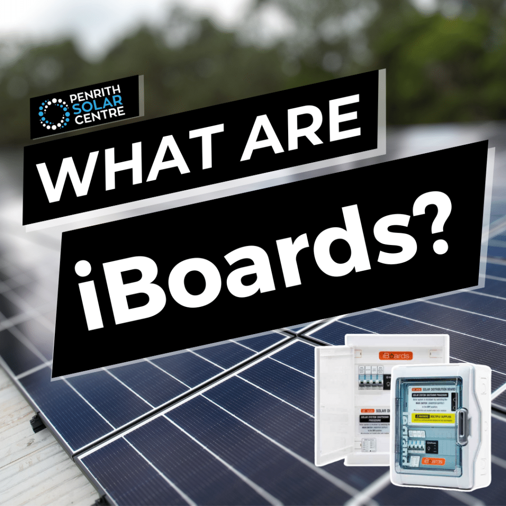 Promotional graphic for penrith solar centre featuring solar panels and a question about 'iboards'.