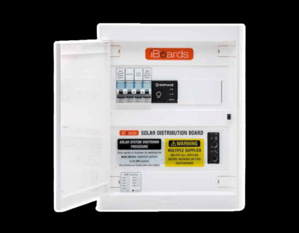 Solar distribution board with multiple electrical switches and warning labels, mounted on a white background.