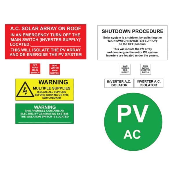 Set of safety and instructional signs for solar power systems including emergency procedures, shutdown process, and electrical warnings.