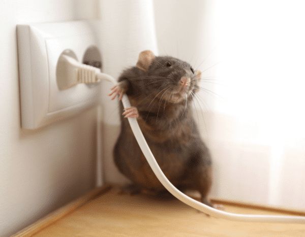 A rat gnawing on an electrical cord plugged into a wall socket.