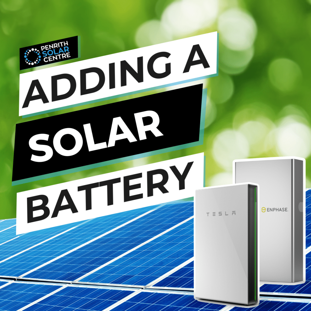 Advertisement for solar battery addition featuring tesla and enphase batteries with solar panels in the background.