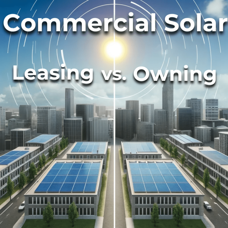 A split-screen image with solar panels on building rooftops in a city. Text reads "Commercial Solar: Leasing vs. Owning" above two similar city blocks.